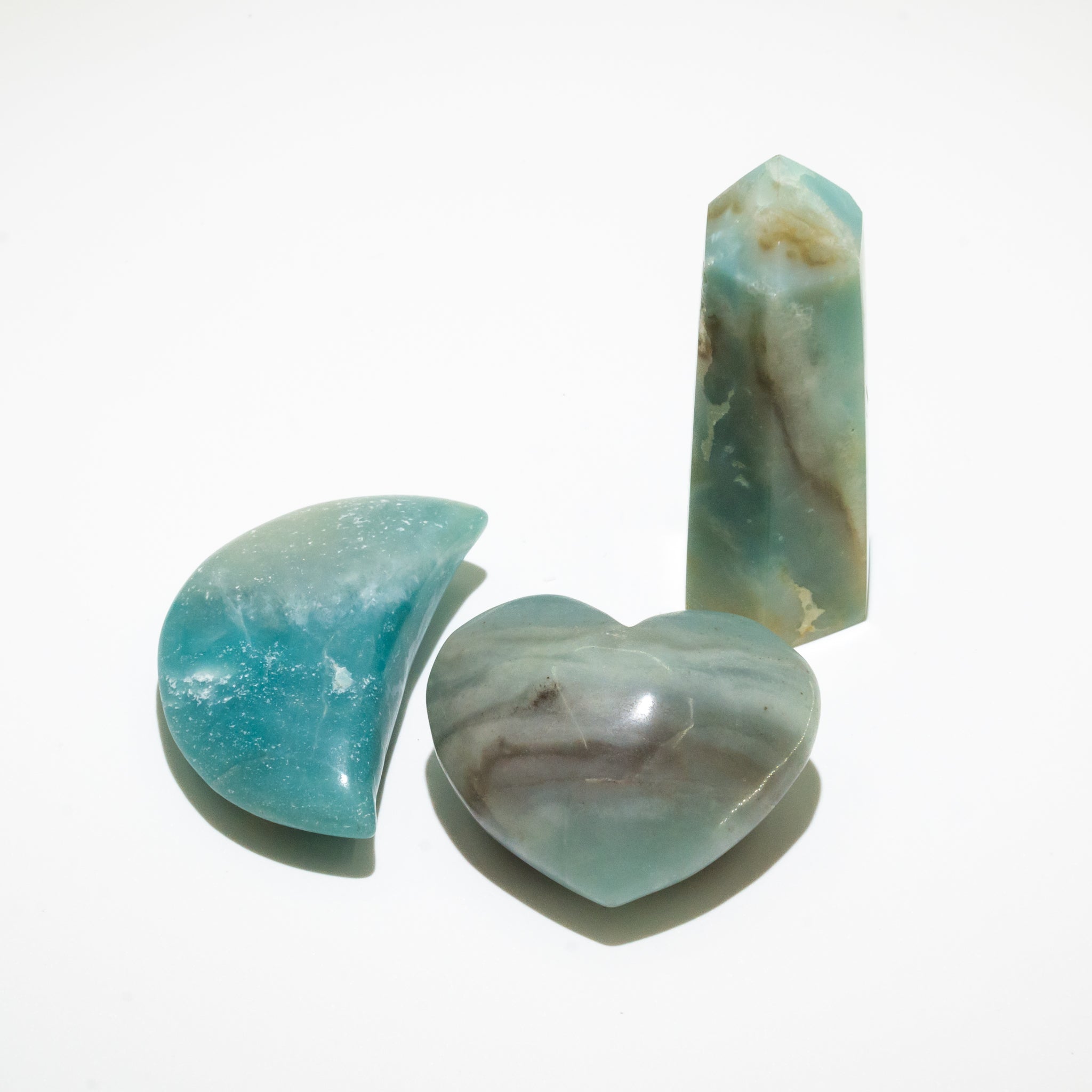 Amazonite Set with Obelisk, Heart, and Moon for calming energy in home spaces.