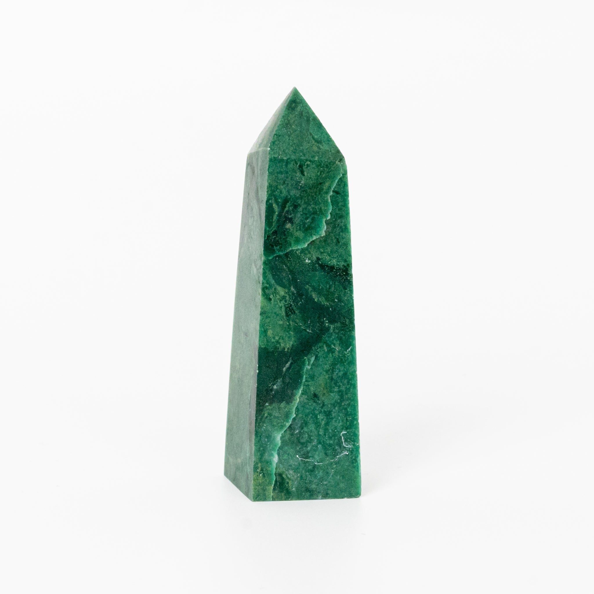 Green Sheen Obsidian Obelisk decor piece with shimmering green tones, perfect for modern styling.