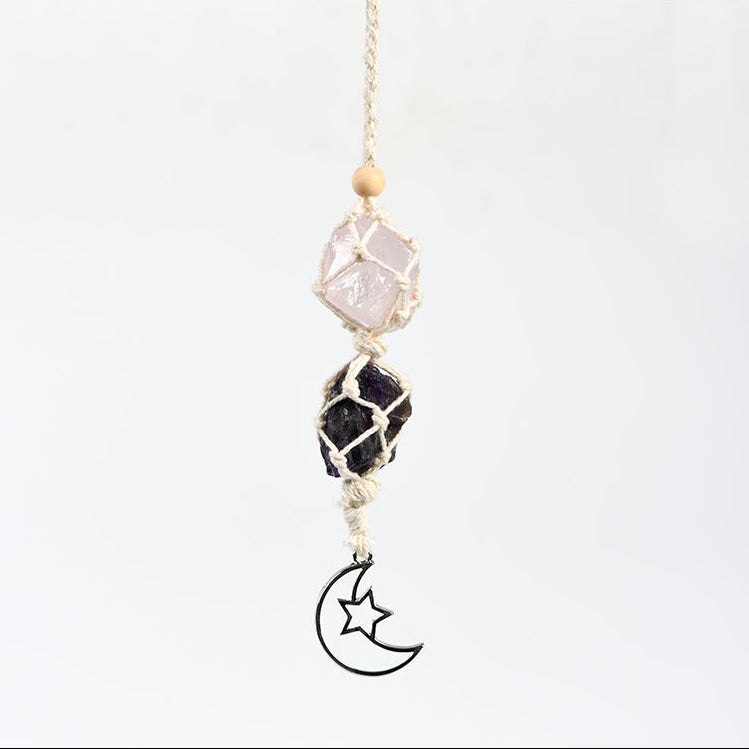 Raw Crystal Car Decor with Rose Quartz and Amethyst for calming energy in vehicles.