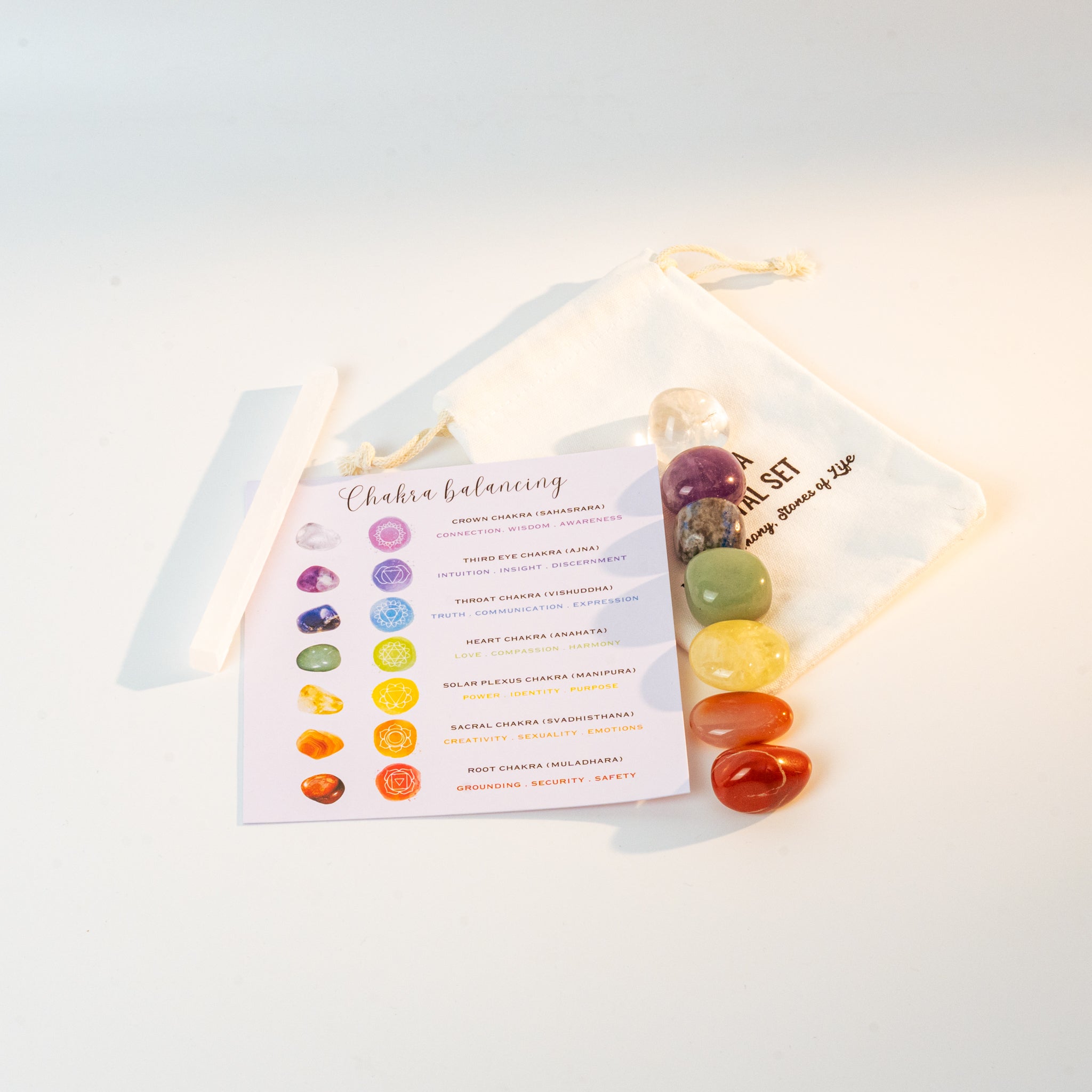 Seven Chakra Healing Stone Set in Gold or Silver for energy alignment in home decor.