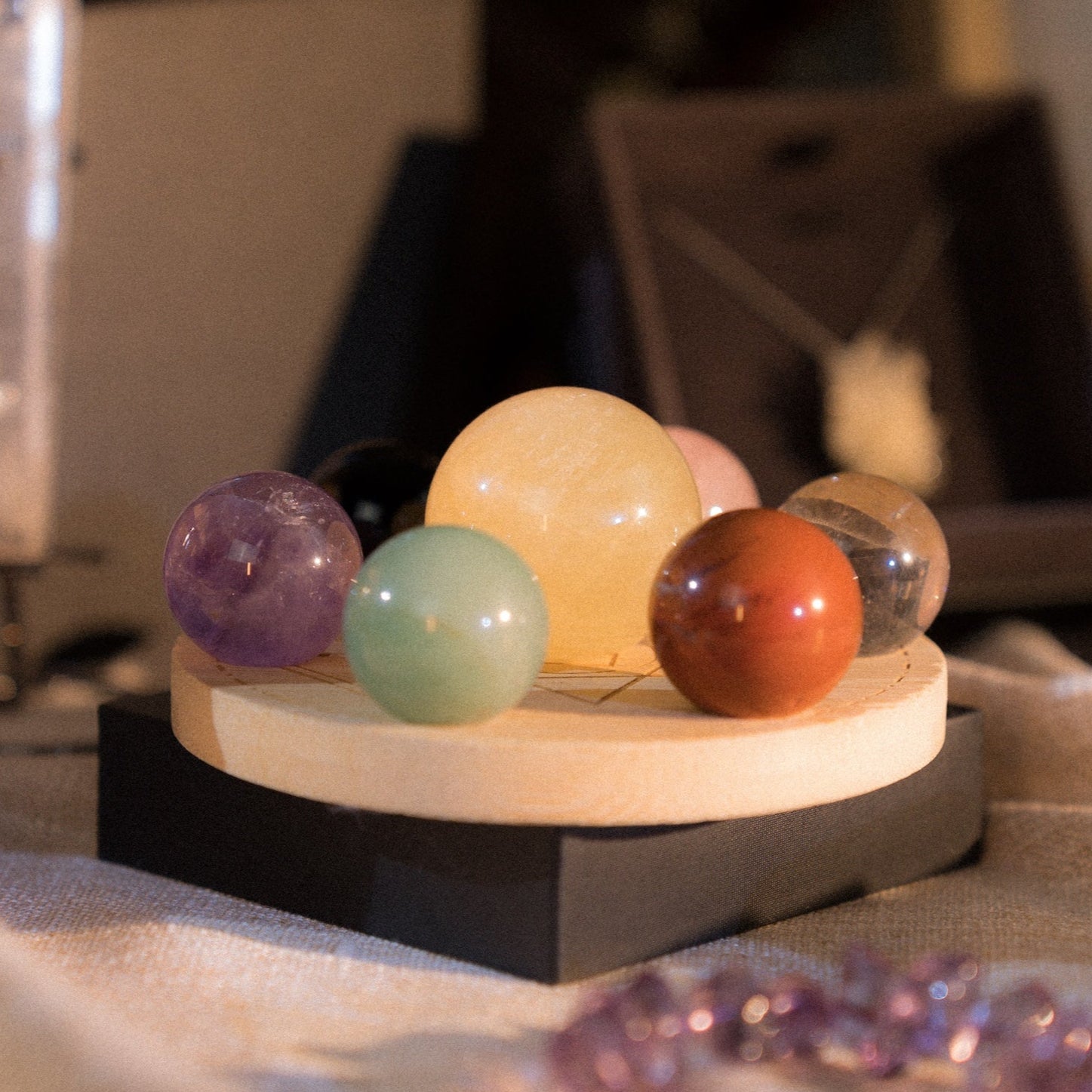 Seven Chakra Crystal Sphere Set with Base