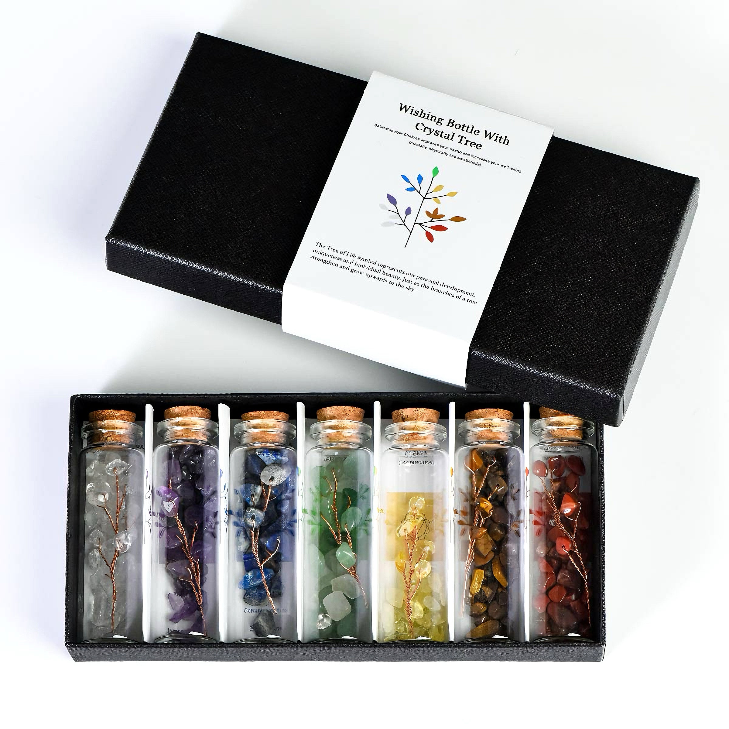 7 Chakra Wishing Bottles Set with Tree of Life Crystal Chips