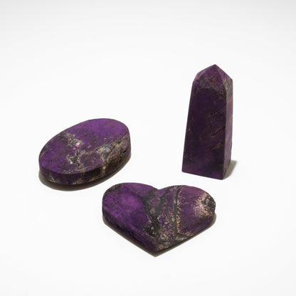 Amethyst and Lepidolite Set with Obelisk, Heart, and Moon for balanced energy in home decor.