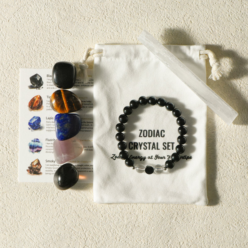 Capricorn Set with Healing Stone, Bracelet, Selenite, and Garnet for Capricorn ambition in homes.