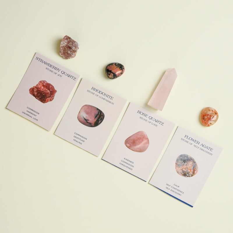 Crystal Healing Set for Love and Happiness with Rose Quartz and Rhodonite for romantic energy.