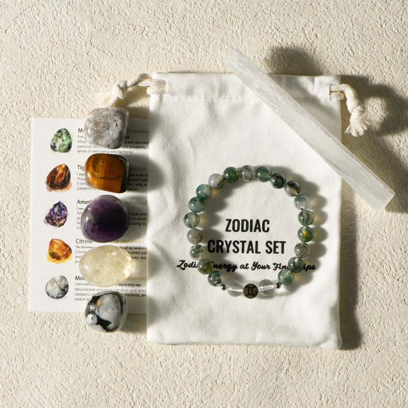 Gemini Set with Healing Stone, Bracelet, Selenite, and Citrine for Gemini communication energy.