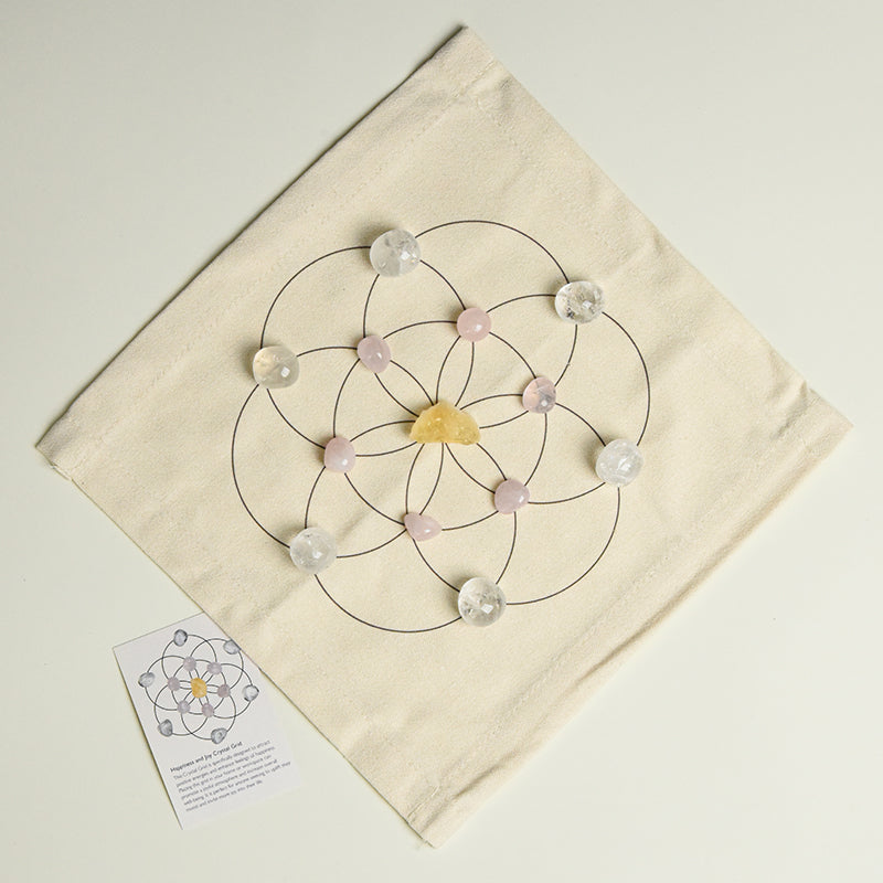 Happiness and Joy Crystal Grid with Brazilian Citrine, Rose Quartz, and Amethyst for positivity.