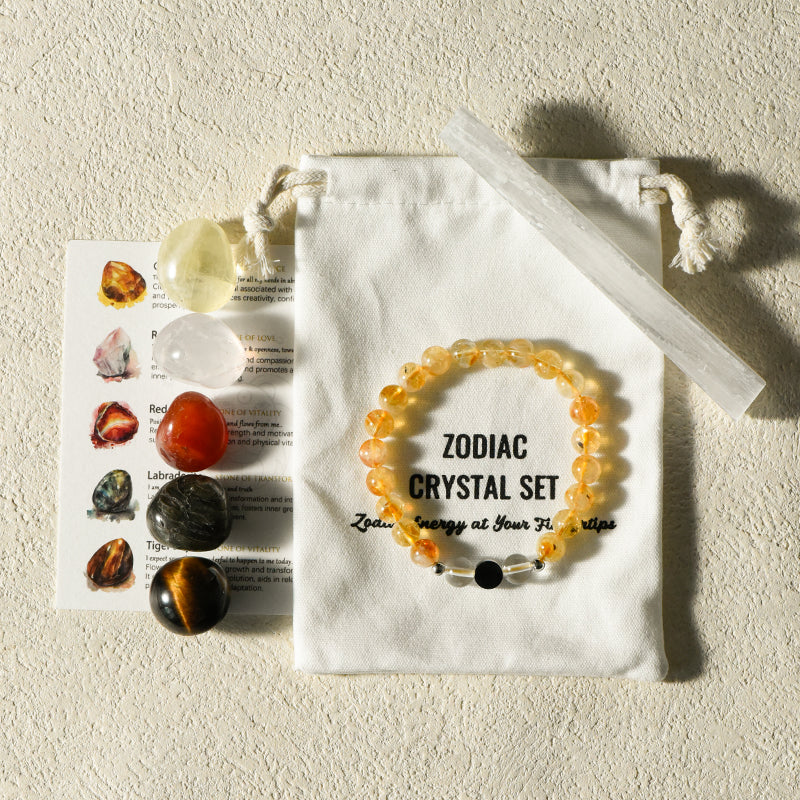 Leo Set with Healing Stone, Bracelet, Selenite, and Tiger Eye for Leo confidence in homes.