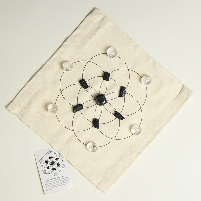 Protection and Cleansing Crystal Grid with Pyrite, Selenite, and Black Tourmaline for energy shielding.