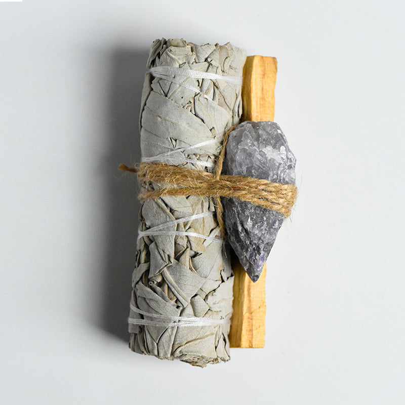 Purification Set with Amethyst, Sage, and Energy Plate for spiritual cleansing in homes.