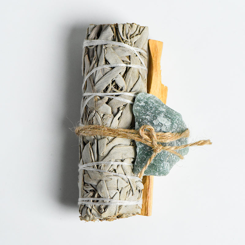 Purification Set with Green Aventurine, Sage, and Palo Santo for growth and energy cleansing in homes.