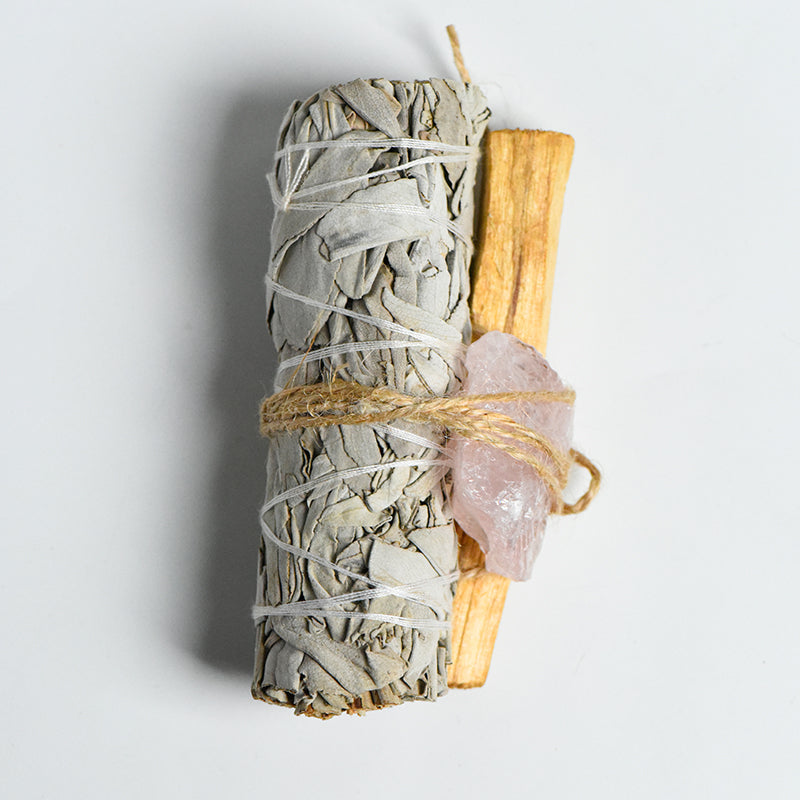 Purification Set with Rose Quartz, Sage, and Palo Santo for loving energy purification.
