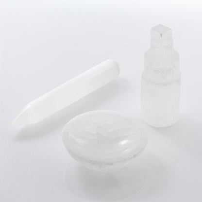 Selenite Purification Set (Tower+Bowl+Wand)