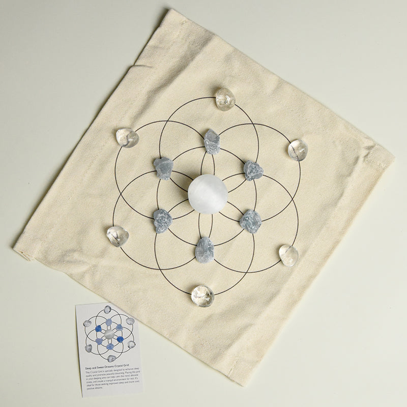 Sacred Dream Grid with Selenite Ball, Celestite, and Amethyst for peaceful dreams in homes.