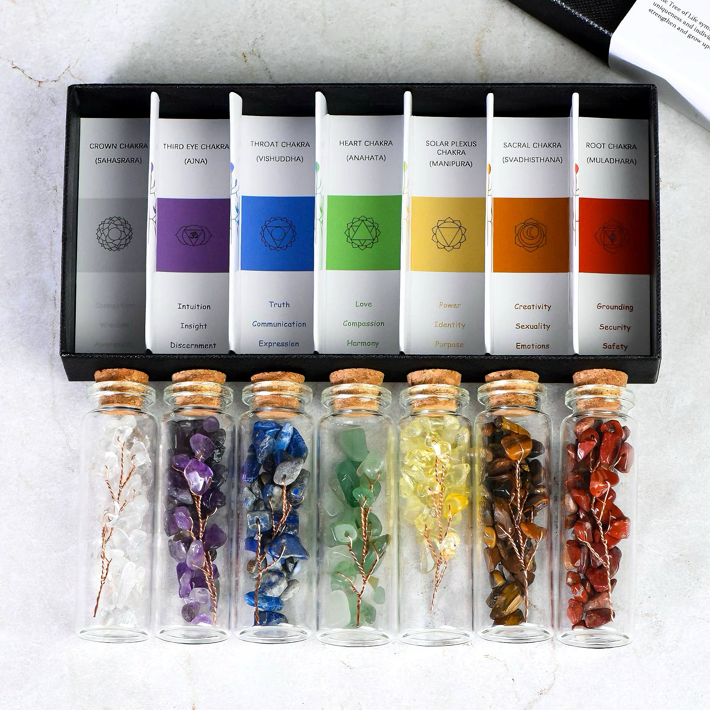 7 Chakra Wishing Bottles Set with Tree of Life Crystal Chips